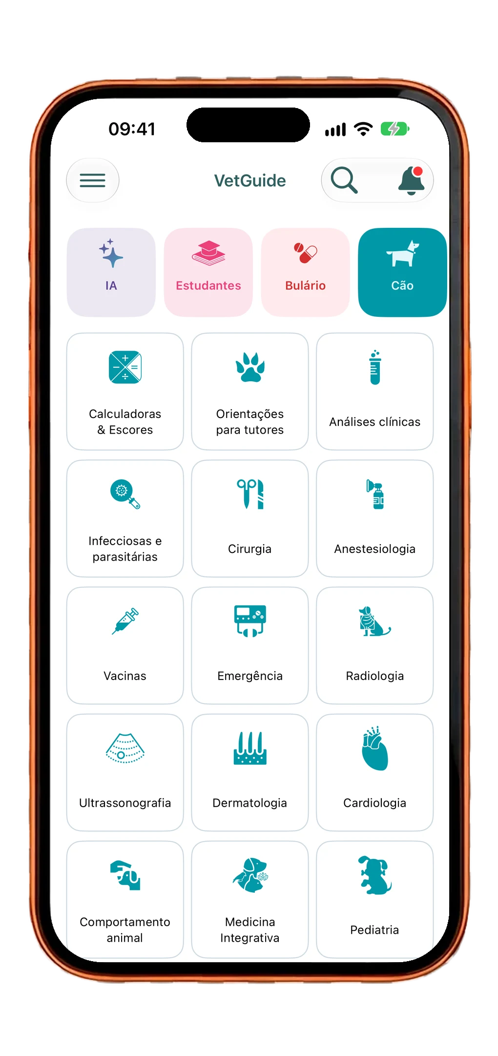 Tela inicial do aplicativo VetGuide, com o acesso à IA, Estudantes, Bulário e as áreas clínicas