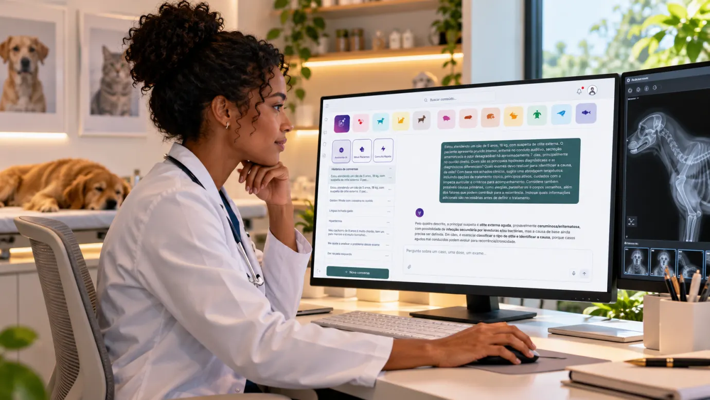 Veterinária consulta o VetGuide Web no computador do consultório